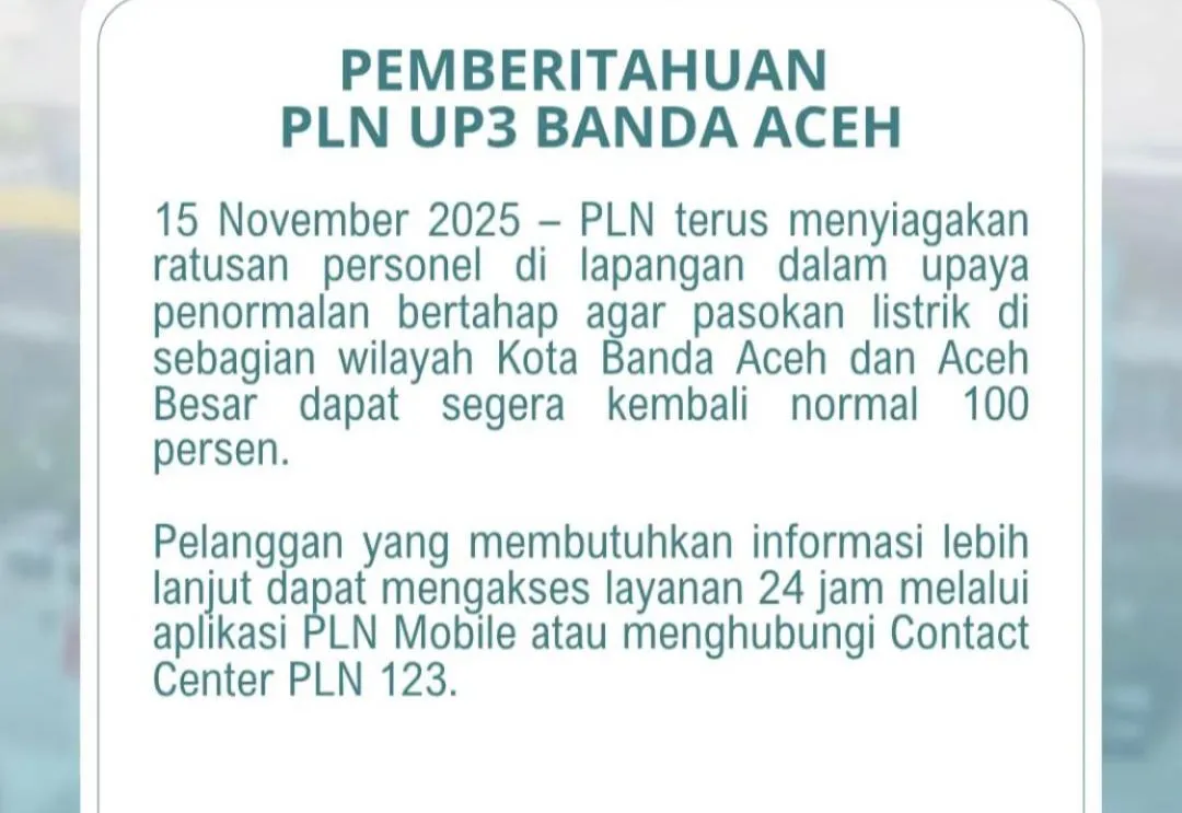 Listrik Padam Serentak di Aceh, PLN Kerahkan Ratusan Personel untuk Pemulihan