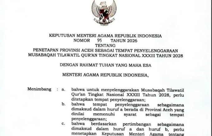 Aceh Resmi Jadi Tuan Rumah MTQ Nasional XXXIII Tahun 2028