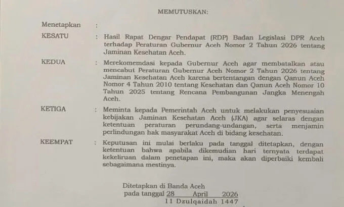Resmi DPRA Rekom Pencabutan Pergub JKA, Berikut Isinya