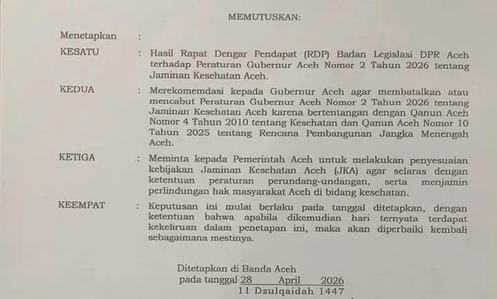 Resmi DPRA Rekom Pencabutan Pergub JKA, Berikut Isinya